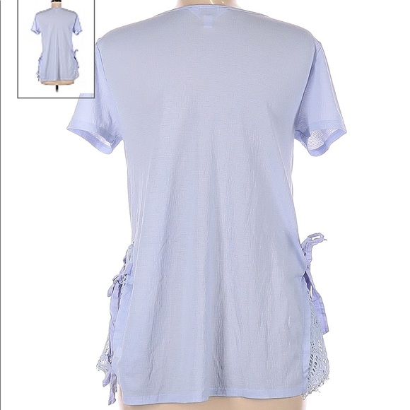 LC maternity size small blue crepe top with lace insets. - Picture 3 of 4
